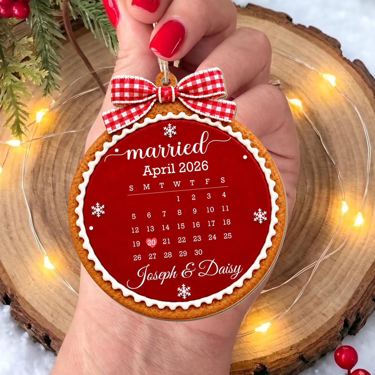 Married Custom Calendar Gingerbread With Red Bow And Snowflakes - Personalized Custom Wood Ornament, Custom Shaped - CPL2232_WDO