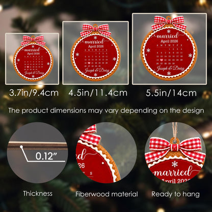 Married Custom Calendar Gingerbread With Red Bow And Snowflakes - Personalized Custom Wood Ornament, Custom Shaped - CPL2232_WDO