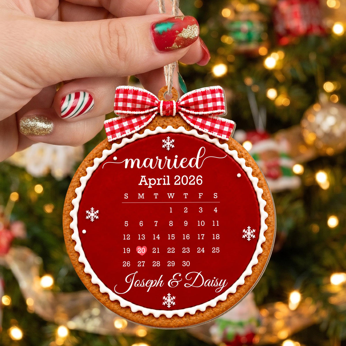 Married Custom Calendar Gingerbread With Red Bow And Snowflakes - Personalized Custom Wood Ornament, Custom Shaped - CPL2232_WDO