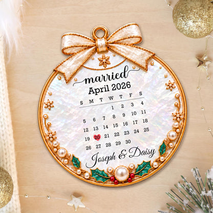 Married Custom Calendar Ornament With Ribbon And Pearls - Personalized Custom Wood Ornament, Custom Shaped - CPL2233_WDO