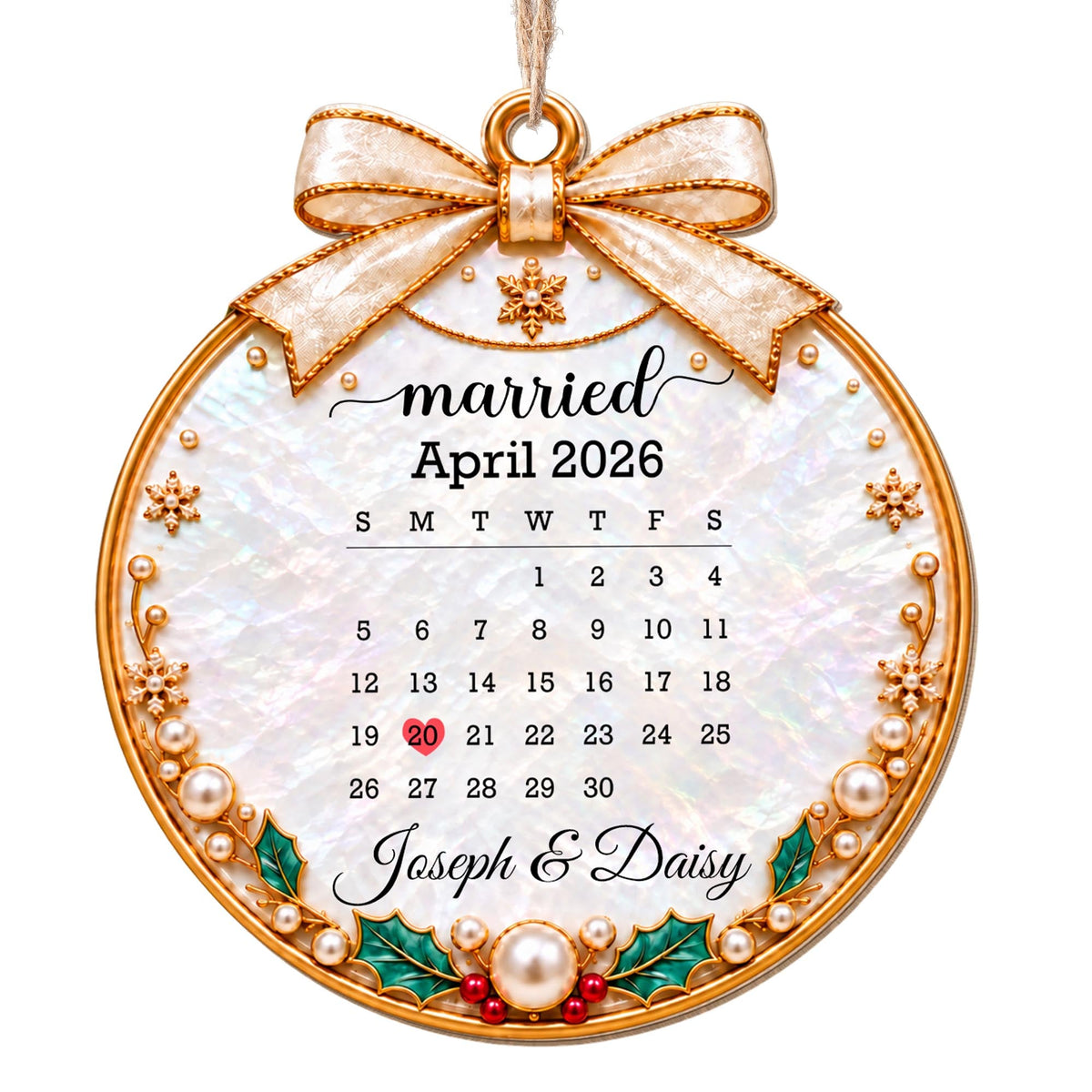Married Custom Calendar Ornament With Ribbon And Pearls - Personalized Custom Wood Ornament, Custom Shaped - CPL2233_WDO