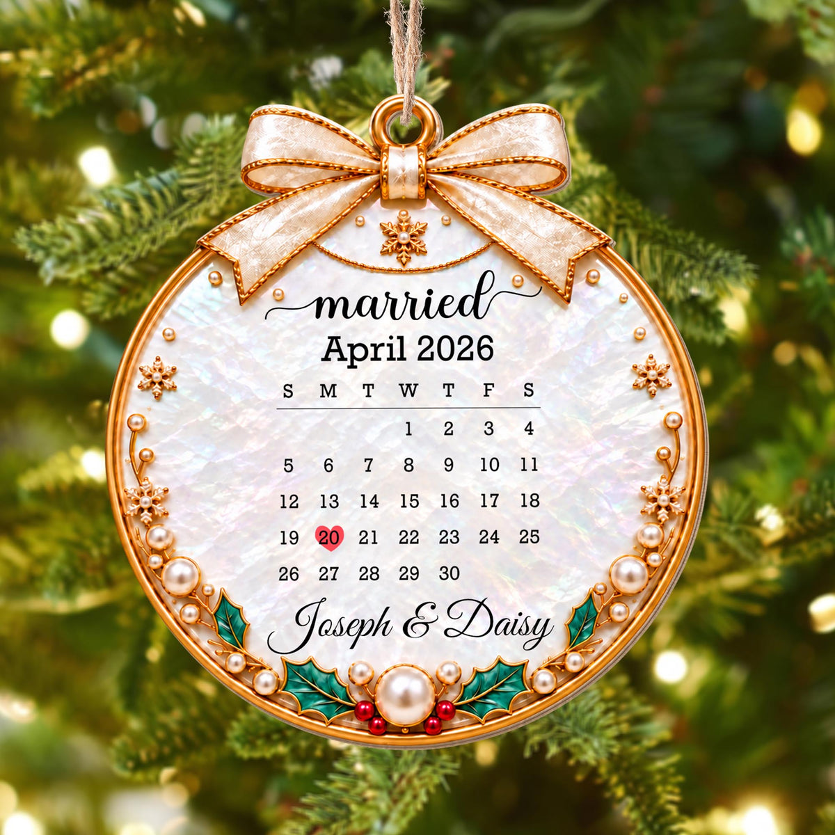 Married Custom Calendar Ornament With Ribbon And Pearls - Personalized Custom Wood Ornament, Custom Shaped - CPL2233_WDO