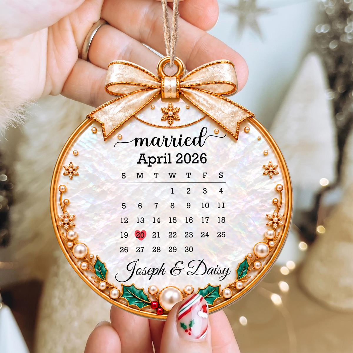 Married Custom Calendar Ornament With Ribbon And Pearls - Personalized Custom Wood Ornament, Custom Shaped - CPL2233_WDO