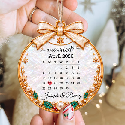 Married Custom Calendar Ornament With Ribbon And Pearls - Personalized Custom Wood Ornament, Custom Shaped - CPL2233_WDO