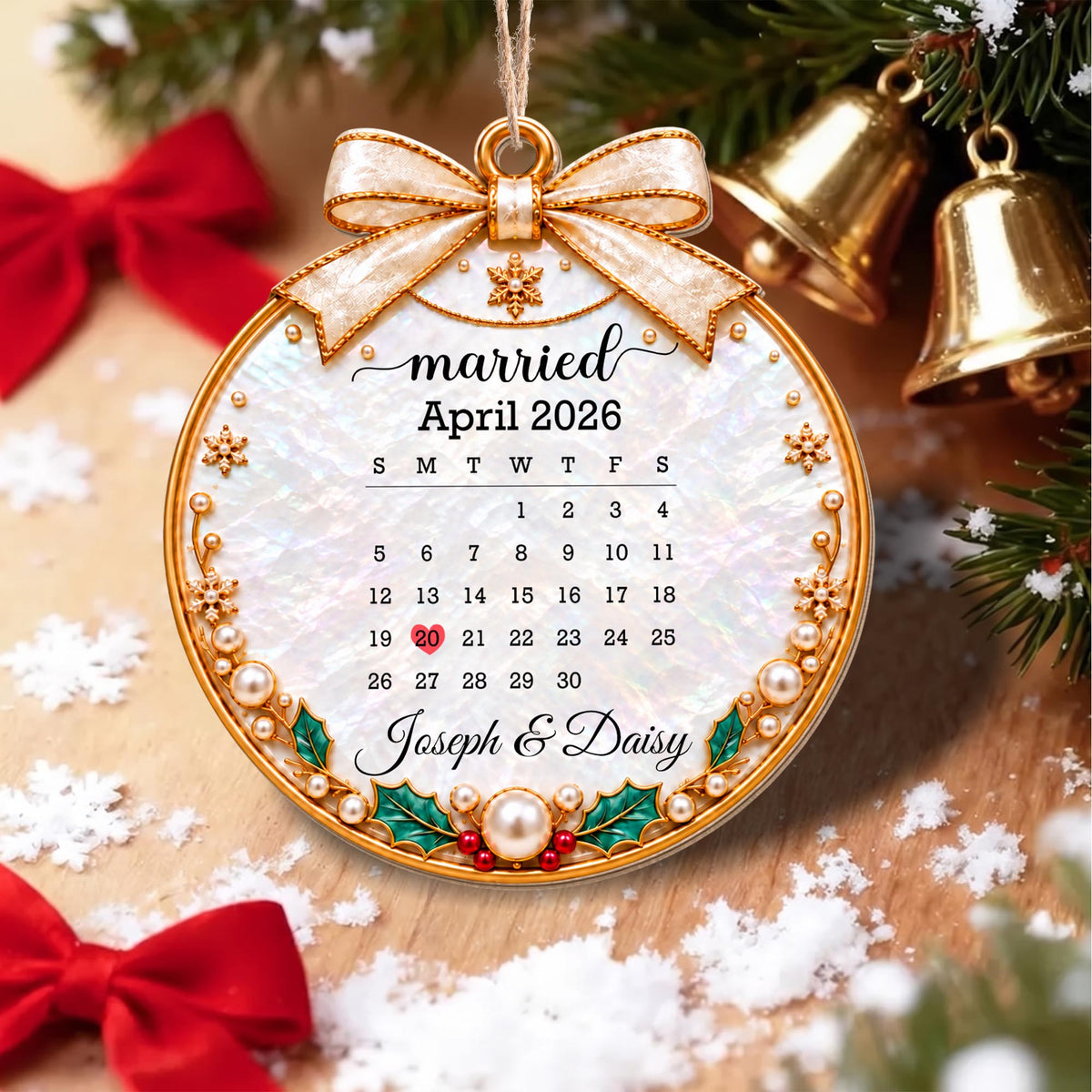 Married Custom Calendar Ornament With Ribbon And Pearls - Personalized Custom Wood Ornament, Custom Shaped - CPL2233_WDO