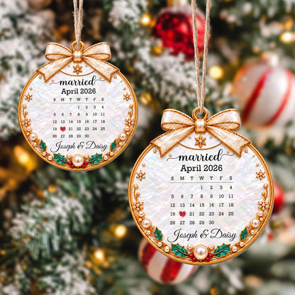 Married Custom Calendar Ornament With Ribbon And Pearls - Personalized Custom Wood Ornament, Custom Shaped - CPL2233_WDO