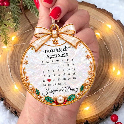 Married Custom Calendar Ornament With Ribbon And Pearls - Personalized Custom Wood Ornament, Custom Shaped - CPL2233_WDO