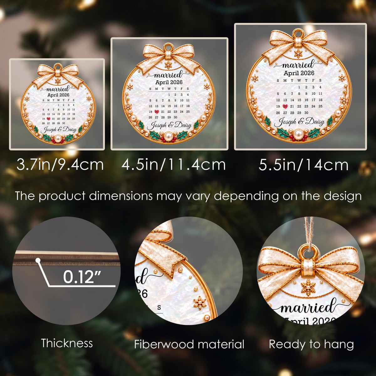 Married Custom Calendar Ornament With Ribbon And Pearls - Personalized Custom Wood Ornament, Custom Shaped - CPL2233_WDO