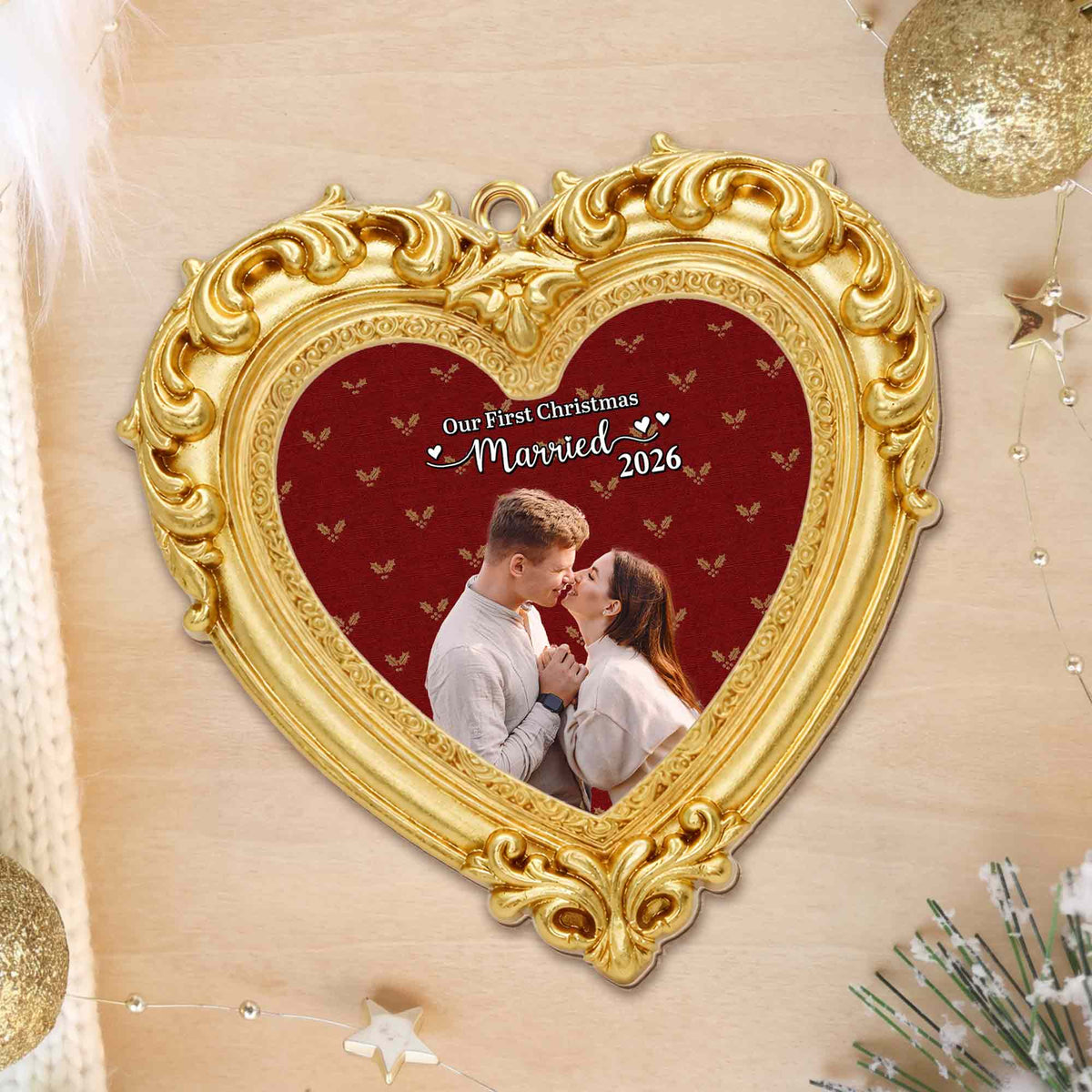 Our First Christmas Married Ornate Gold Heart Photo Frame - Personalized Custom Wood Ornament, Custom Shaped - CPL2248_WDO