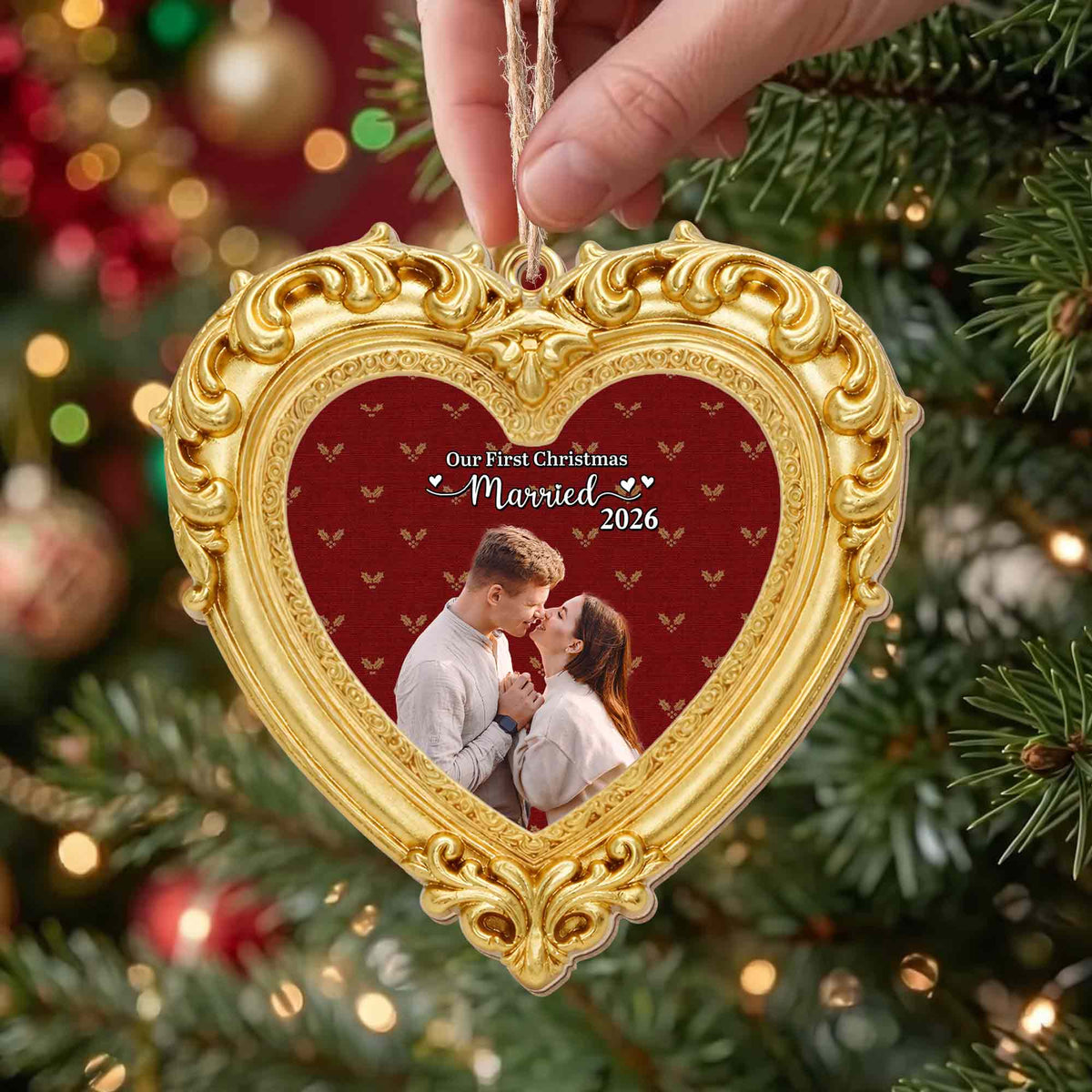 Our First Christmas Married Ornate Gold Heart Photo Frame - Personalized Custom Wood Ornament, Custom Shaped - CPL2248_WDO