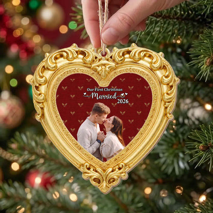 Our First Christmas Married Ornate Gold Heart Photo Frame - Personalized Custom Wood Ornament, Custom Shaped - CPL2248_WDO