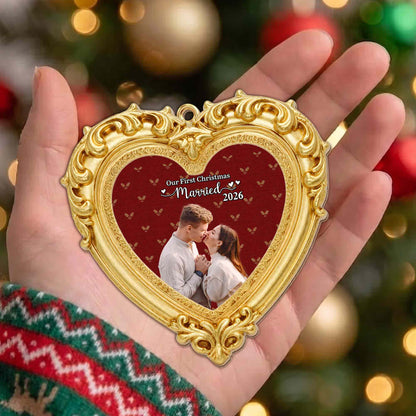 Our First Christmas Married Ornate Gold Heart Photo Frame - Personalized Custom Wood Ornament, Custom Shaped - CPL2248_WDO