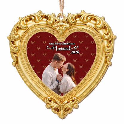 Our First Christmas Married Ornate Gold Heart Photo Frame - Personalized Custom Wood Ornament, Custom Shaped - CPL2248_WDO