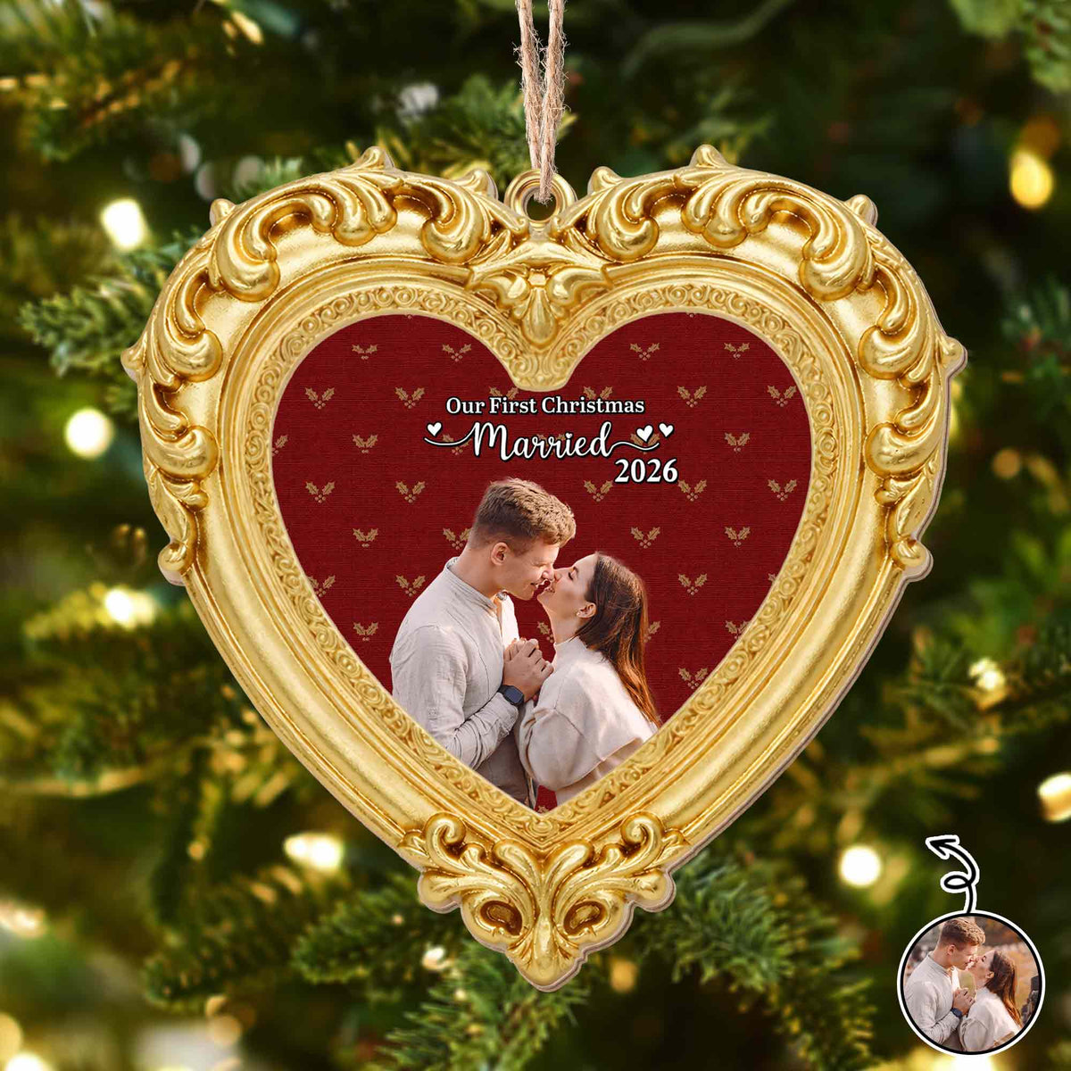 Our First Christmas Married Ornate Gold Heart Photo Frame - Personalized Custom Wood Ornament, Custom Shaped - CPL2248_WDO