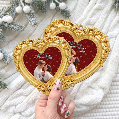 Our First Christmas Married Ornate Gold Heart Photo Frame - Personalized Custom Wood Ornament, Custom Shaped - CPL2248_WDO