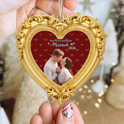Our First Christmas Married Ornate Gold Heart Photo Frame - Personalized Custom Wood Ornament, Custom Shaped - CPL2248_WDO