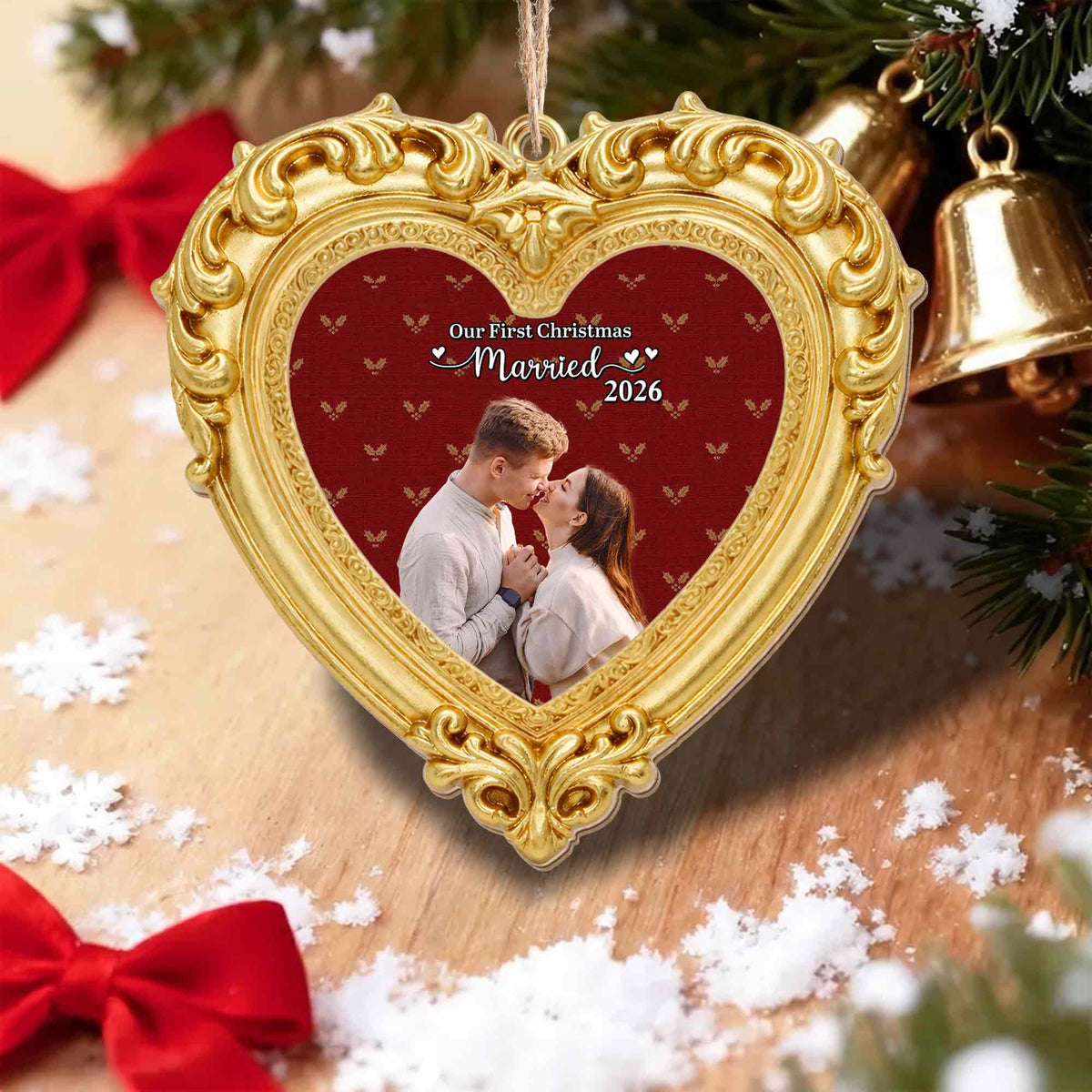 Our First Christmas Married Ornate Gold Heart Photo Frame - Personalized Custom Wood Ornament, Custom Shaped - CPL2248_WDO