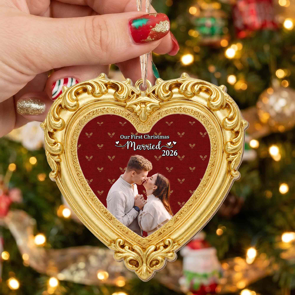 Our First Christmas Married Ornate Gold Heart Photo Frame - Personalized Custom Wood Ornament, Custom Shaped - CPL2248_WDO