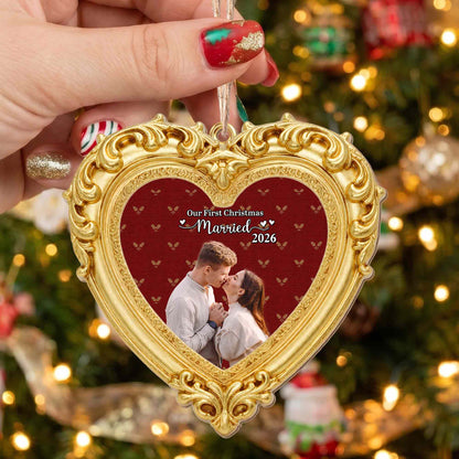 Our First Christmas Married Ornate Gold Heart Photo Frame - Personalized Custom Wood Ornament, Custom Shaped - CPL2248_WDO