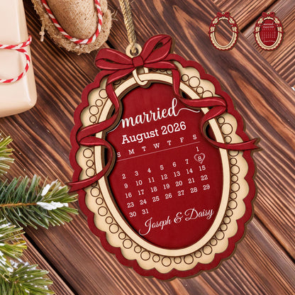 Married Custom Calendar With Bow and Heart Ribbon Frame - Personalized Double Layer Wood Ornament - CPL2254_DWO
