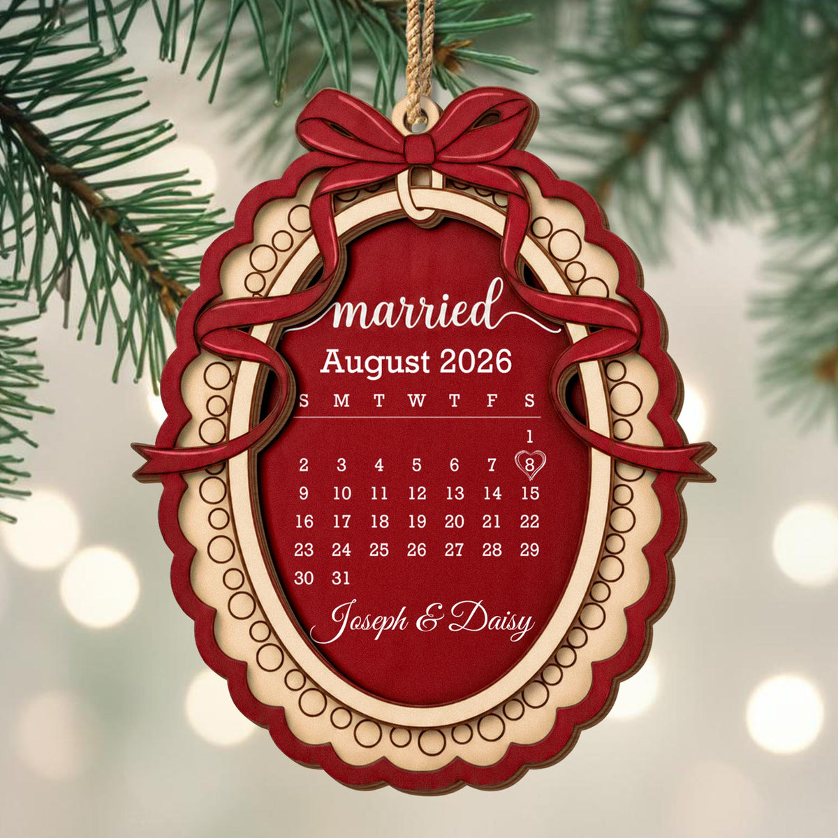 Married Custom Calendar With Bow and Heart Ribbon Frame - Personalized Double Layer Wood Ornament - CPL2254_DWO