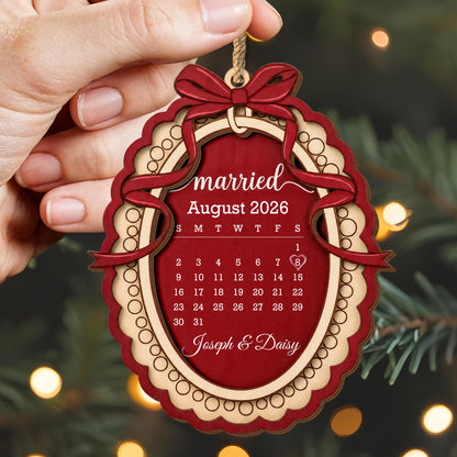 Married Custom Calendar With Bow and Heart Ribbon Frame - Personalized Double Layer Wood Ornament - CPL2254_DWO