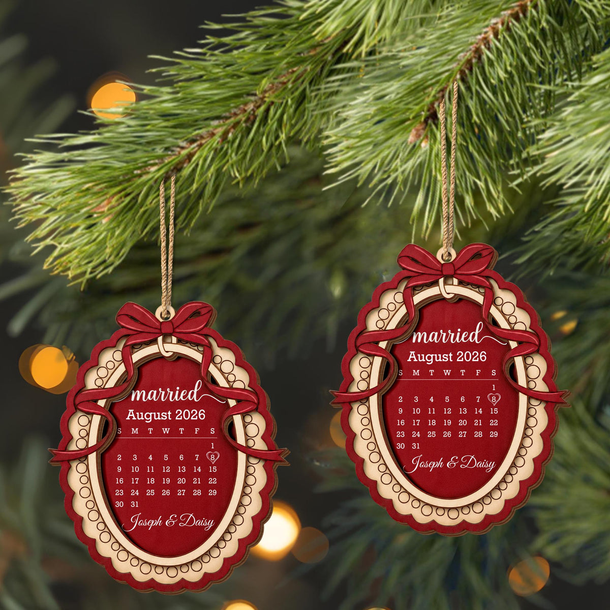 Married Custom Calendar With Bow and Heart Ribbon Frame - Personalized Double Layer Wood Ornament - CPL2254_DWO