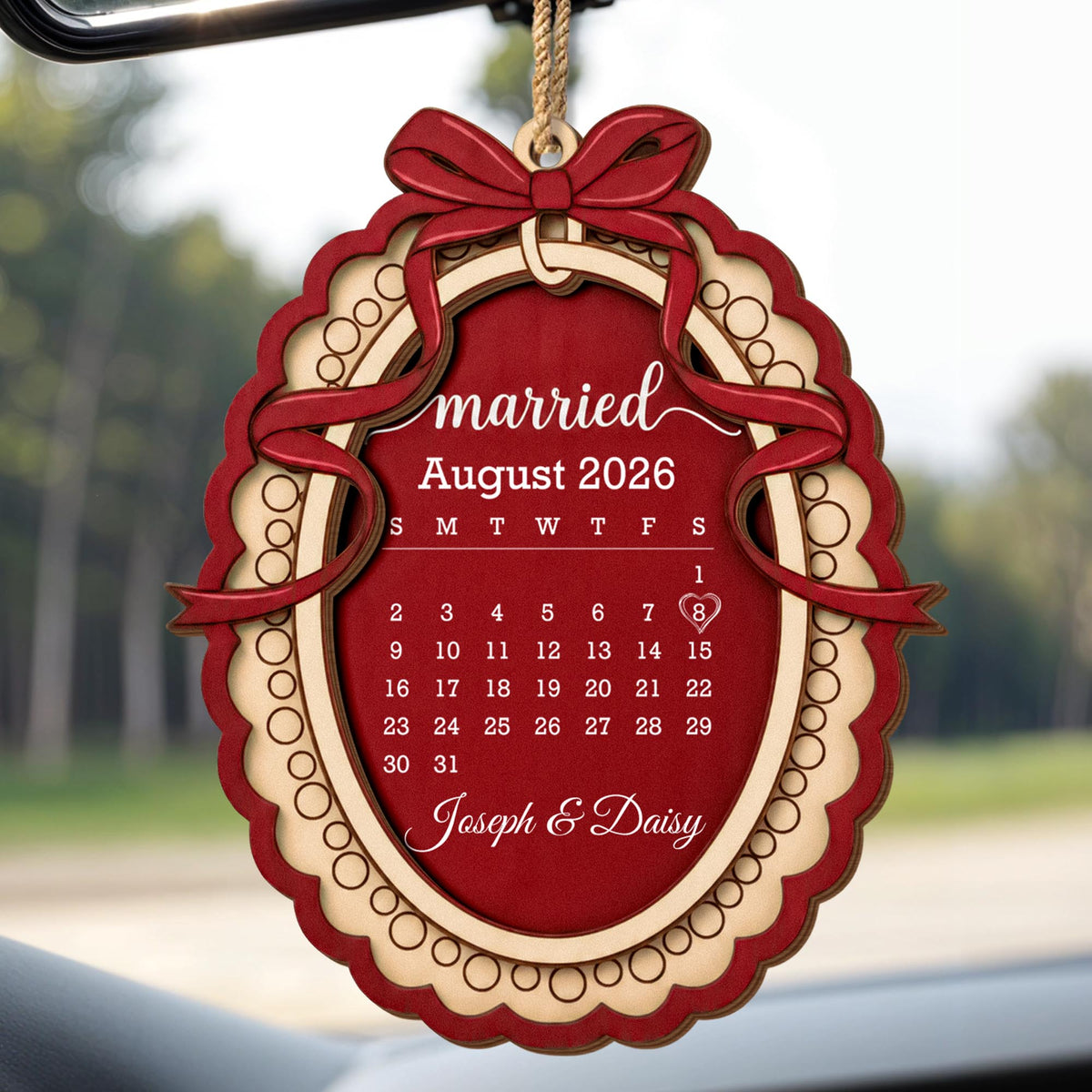 Married Custom Calendar With Bow and Heart Ribbon Frame - Personalized Double Layer Wood Ornament - CPL2254_DWO