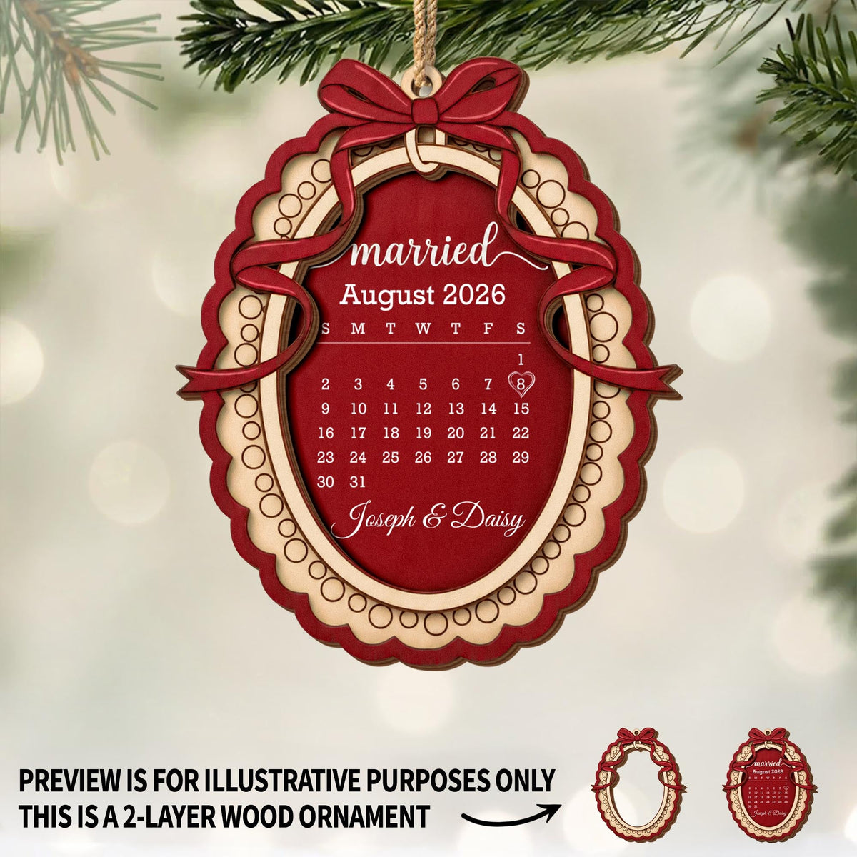 Married Custom Calendar With Bow and Heart Ribbon Frame - Personalized Double Layer Wood Ornament - CPL2254_DWO