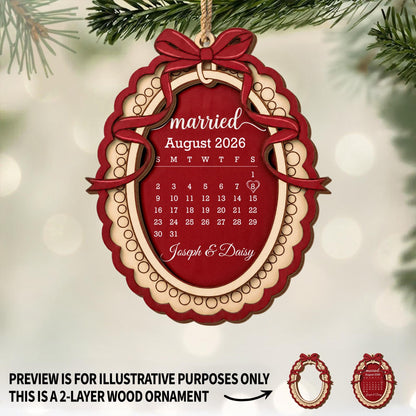 Married Custom Calendar With Bow and Heart Ribbon Frame - Personalized Double Layer Wood Ornament - CPL2254_DWO