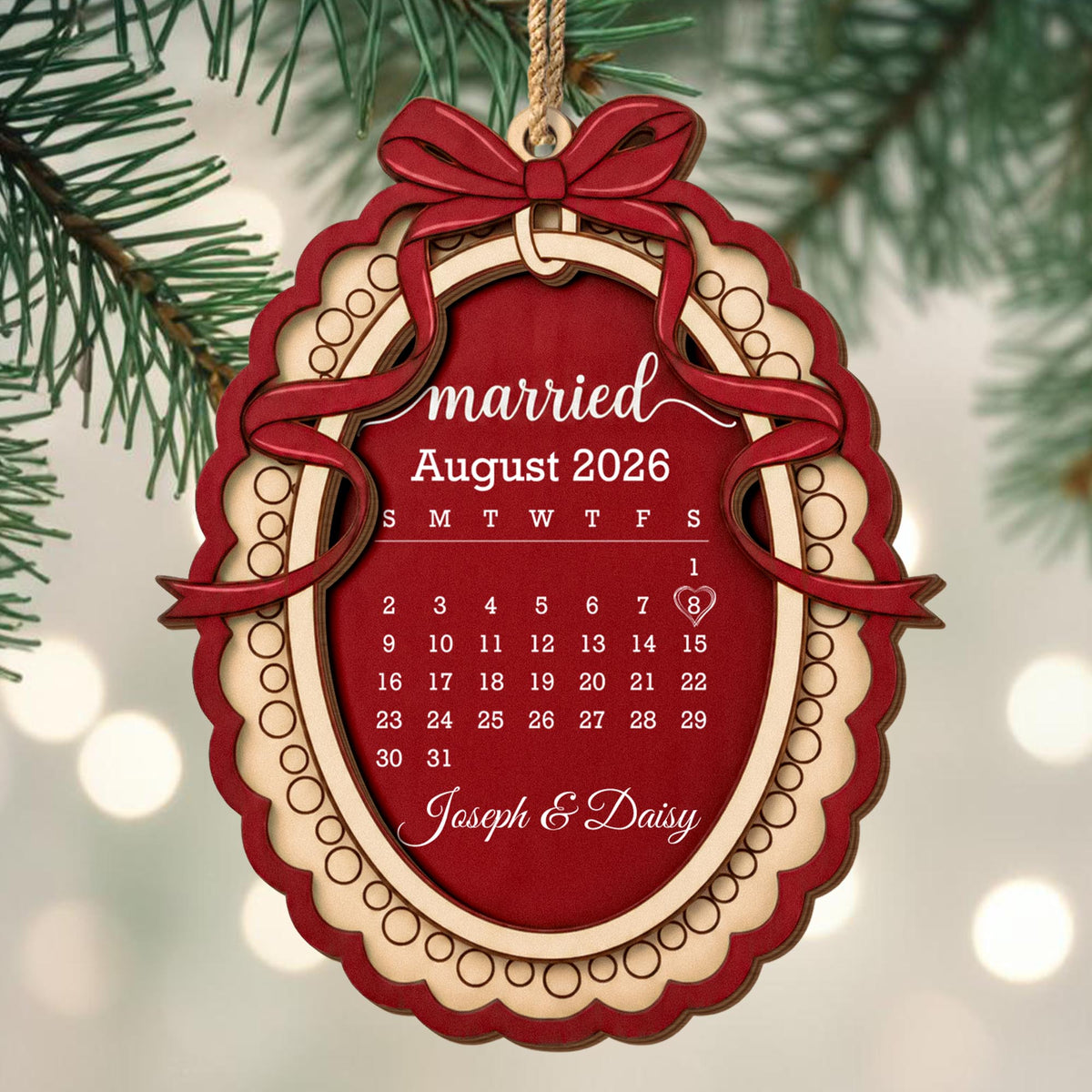 Married Custom Calendar With Bow and Heart Ribbon Frame - Personalized Double Layer Wood Ornament - CPL2254_DWO