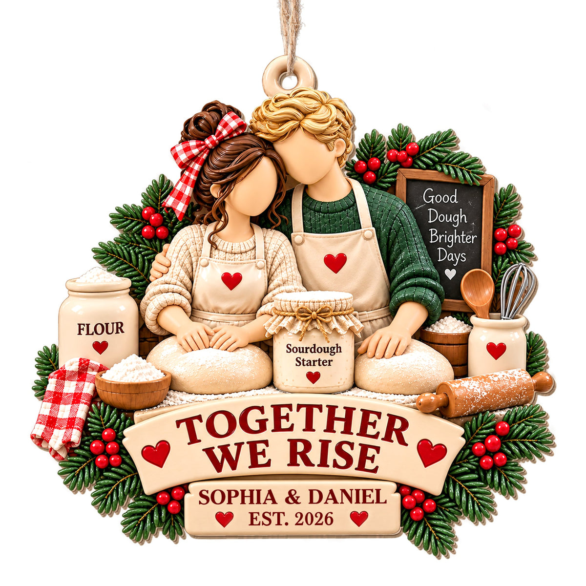 Together We Rise, Sourdough Baking Couple With Flour And Rolling Pin - Personalized Custom Wood Ornament, Custom Shaped - CPL2267_WDO
