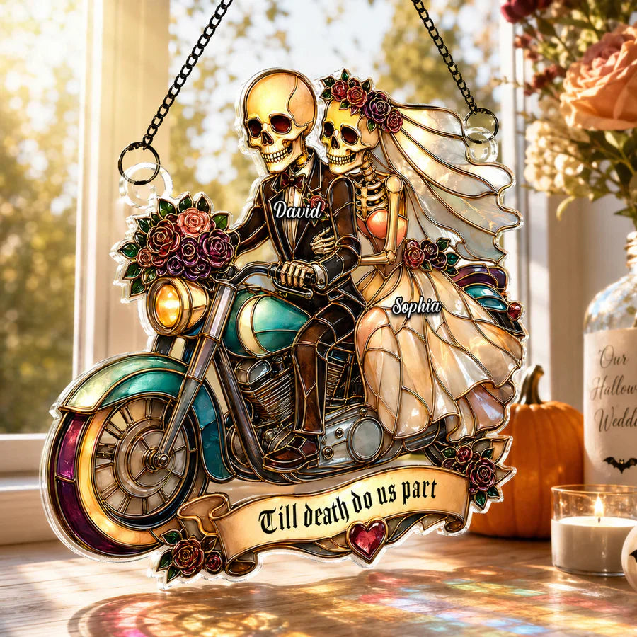 Personalized Skeleton Newlyweds Motorcycle Suncatcher