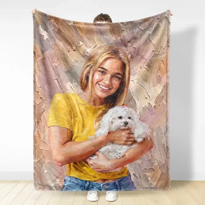 Personalized Oil Painting Sitting Dog Fleece Blanket