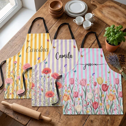 Watercolor Floral Personalized 4-Pocket Apron, Pastel Stripes, Unique Gift for Her and Home Cooks