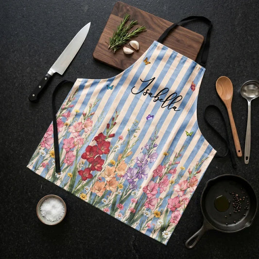 Watercolor Floral Personalized 4-Pocket Apron, Pastel Stripes, Unique Gift for Her and Home Cooks
