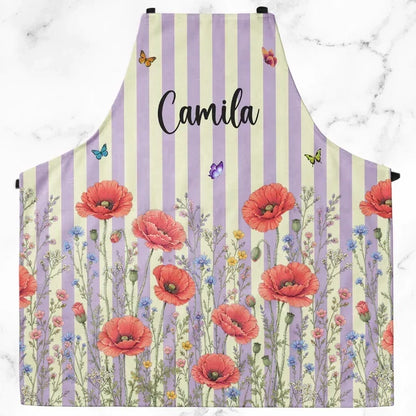 Watercolor Floral Personalized 4-Pocket Apron, Pastel Stripes, Unique Gift for Her and Home Cooks