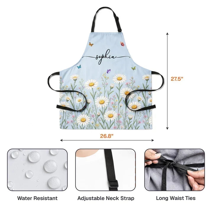Watercolor Floral Personalized 4-Pocket Apron, Pastel Stripes, Unique Gift for Her and Home Cooks