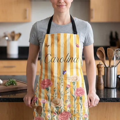 Watercolor Floral Personalized 4-Pocket Apron, Pastel Stripes, Unique Gift for Her and Home Cooks
