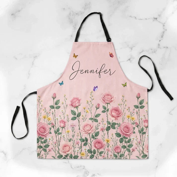 Watercolor Floral Personalized 4-Pocket Apron, Pastel Stripes, Unique Gift for Her and Home Cooks