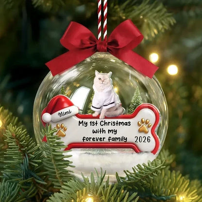 Personalized Acrylic Snow Globe Ornament, Puppy in Snowy Evergreens, Unique First Christmas Gift for Dog Lovers
