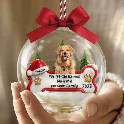 Personalized Acrylic Snow Globe Ornament, Puppy in Snowy Evergreens, Unique First Christmas Gift for Dog Lovers