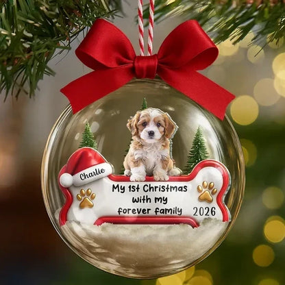 Personalized Acrylic Snow Globe Ornament, Puppy in Snowy Evergreens, Unique First Christmas Gift for Dog Lovers