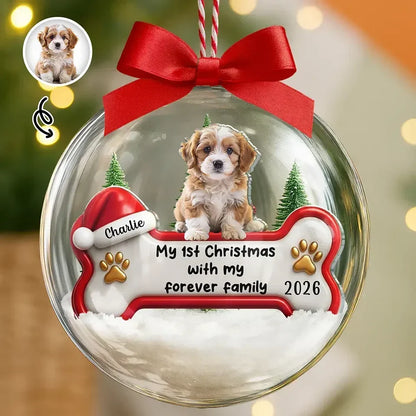 Personalized Acrylic Snow Globe Ornament, Puppy in Snowy Evergreens, Unique First Christmas Gift for Dog Lovers