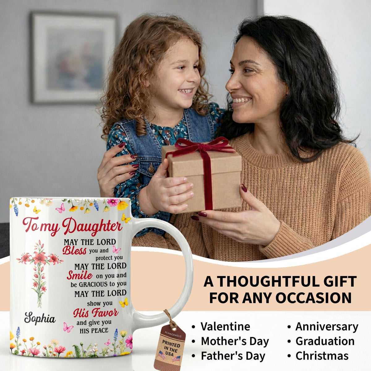 To My Daughter, May The Lord Bless You Floral Cross And Butterflies - Personalized Custom Coffee Mug - DAU822_MG
