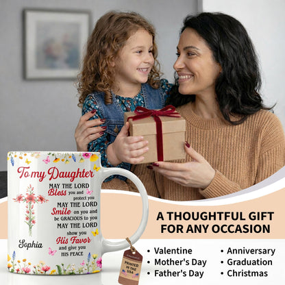 To My Daughter, May The Lord Bless You Floral Cross And Butterflies - Personalized Custom Coffee Mug - DAU822_MG