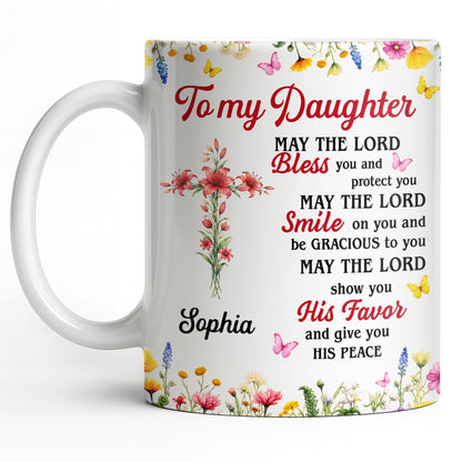 To My Daughter, May The Lord Bless You Floral Cross And Butterflies - Personalized Custom Coffee Mug - DAU822_MG