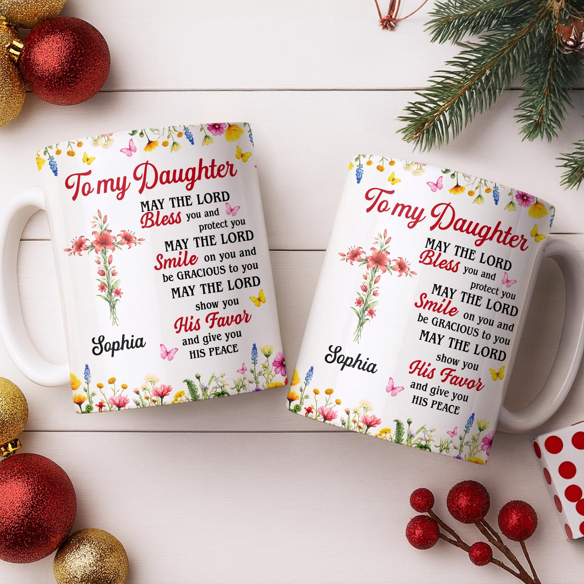 To My Daughter, May The Lord Bless You Floral Cross And Butterflies - Personalized Custom Coffee Mug - DAU822_MG