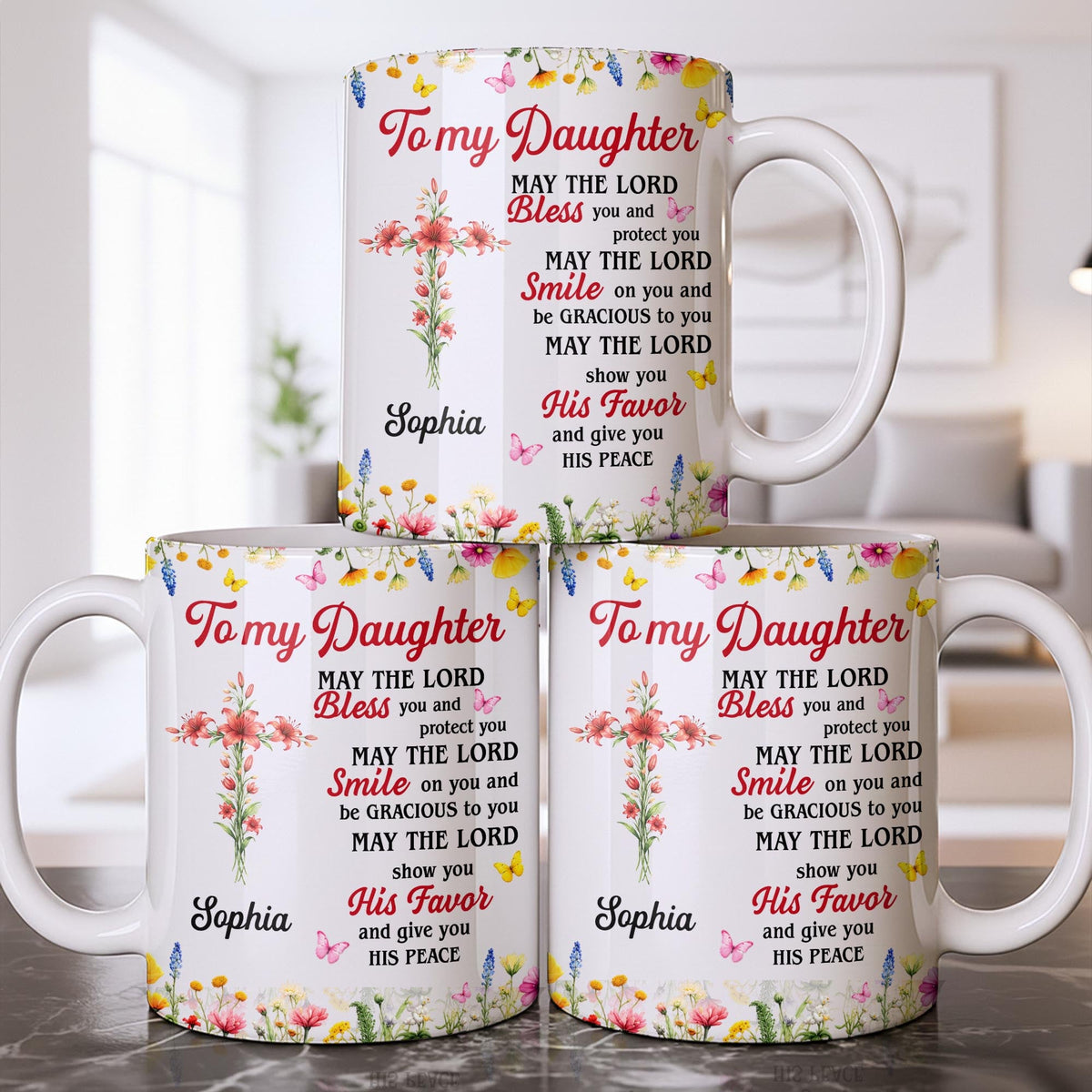 To My Daughter, May The Lord Bless You Floral Cross And Butterflies - Personalized Custom Coffee Mug - DAU822_MG