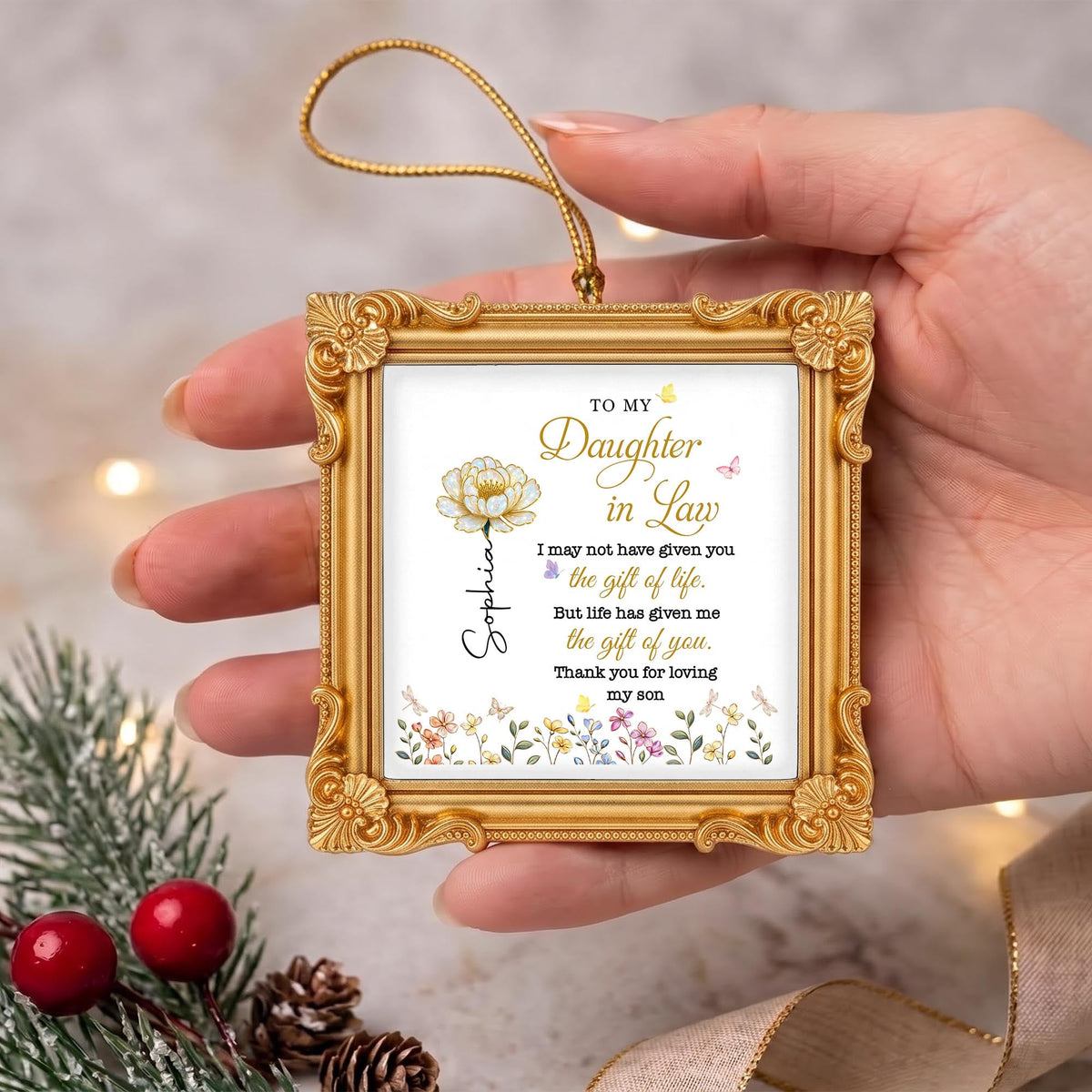 Personalized To My Daughter In Law Golden Flower Ornate Ornament